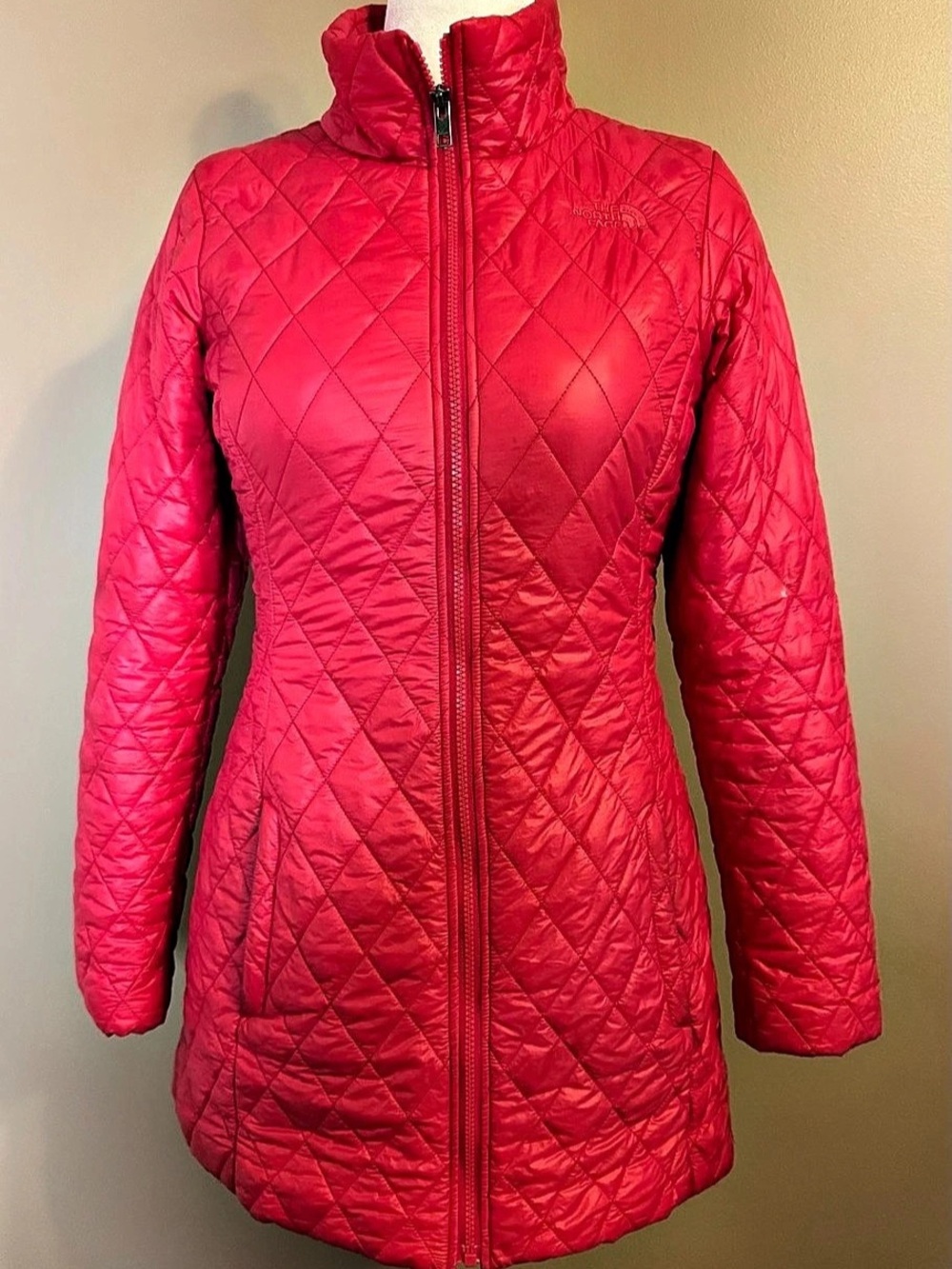 The North Face Womens Small Red PrimaLoft Diamond Quilted Long Puffer Coat